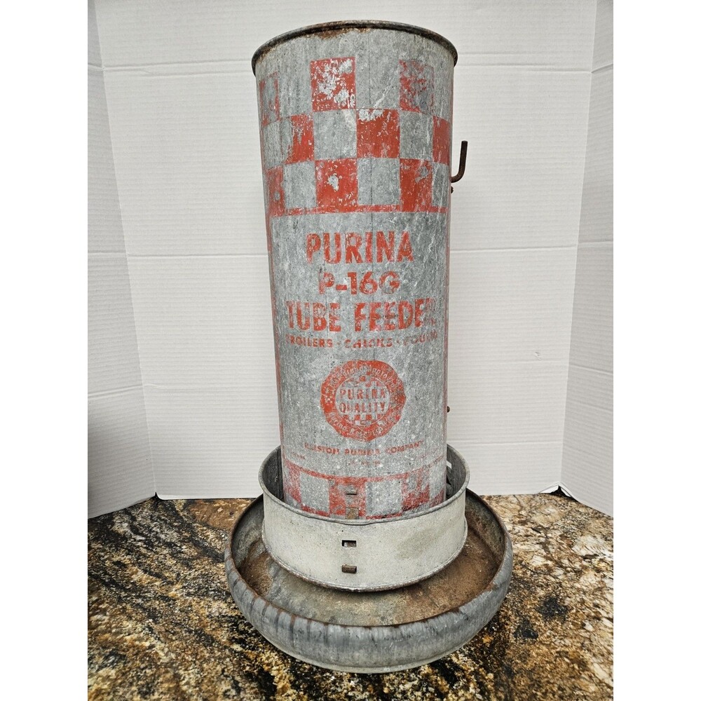 Vintage Purina P-16G Chicken, Poultry 21" Tube Feeder Sturdy Useable Or Decor